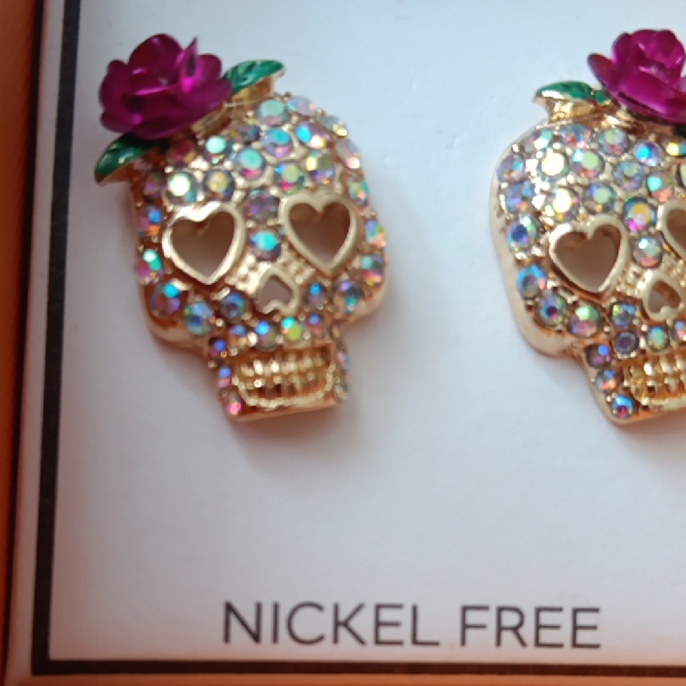Gold Skull Earrings with Multicolor Accents - Picture 4 of 4